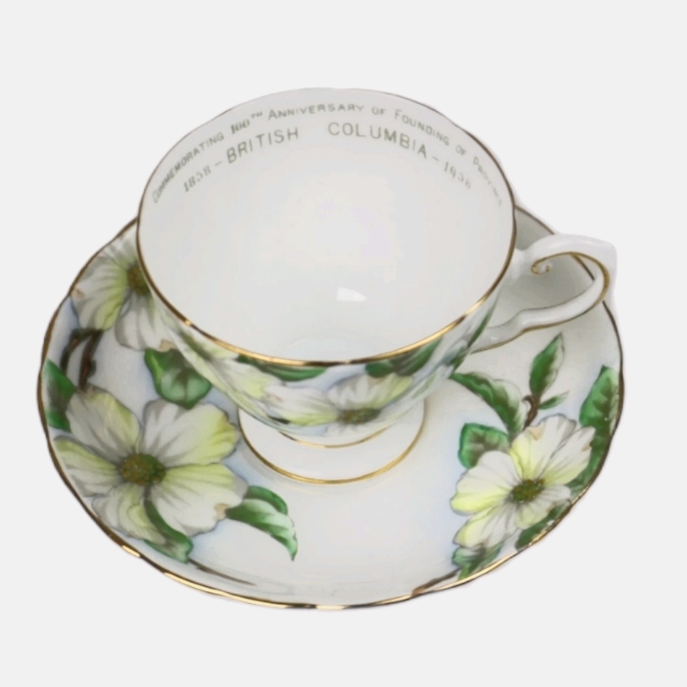 Vintage Tuscan Bone China Dogwood 1958 BC 100th Commemorative Teacup Set EUC